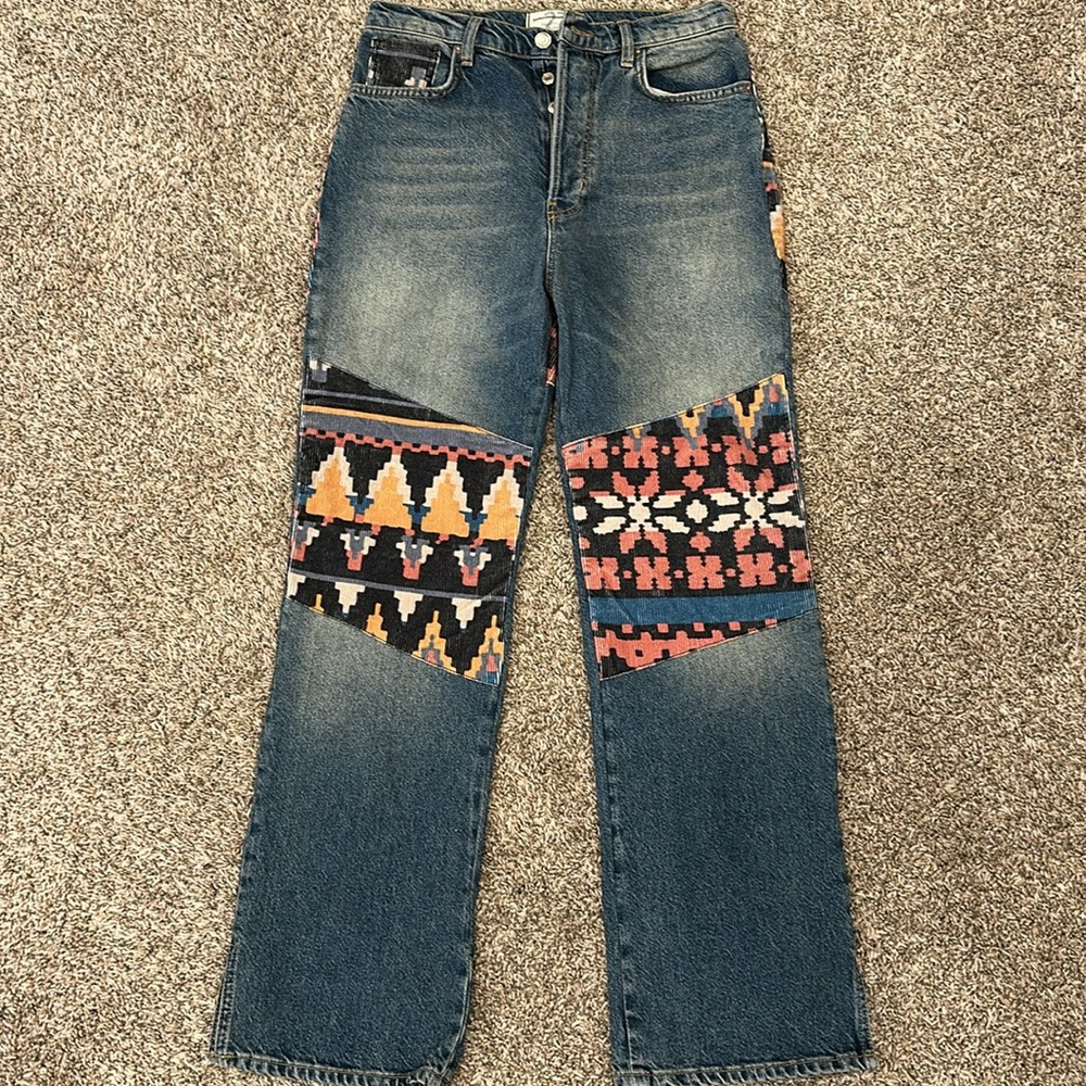 New Free People We The Free Rocky Mountain Straight Leg Alpine Patchwork Jeans - Picture 3 of 6